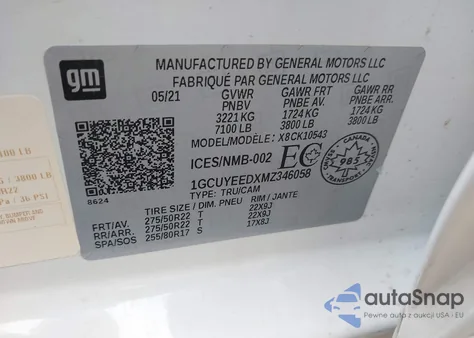 2021 Chevrolet Silverado 1500 4Wd Short Bed Rst/4Wd Standard Bed Rst z USA, uszkodzony, nr VIN 1GCUYEEDXMZ346058